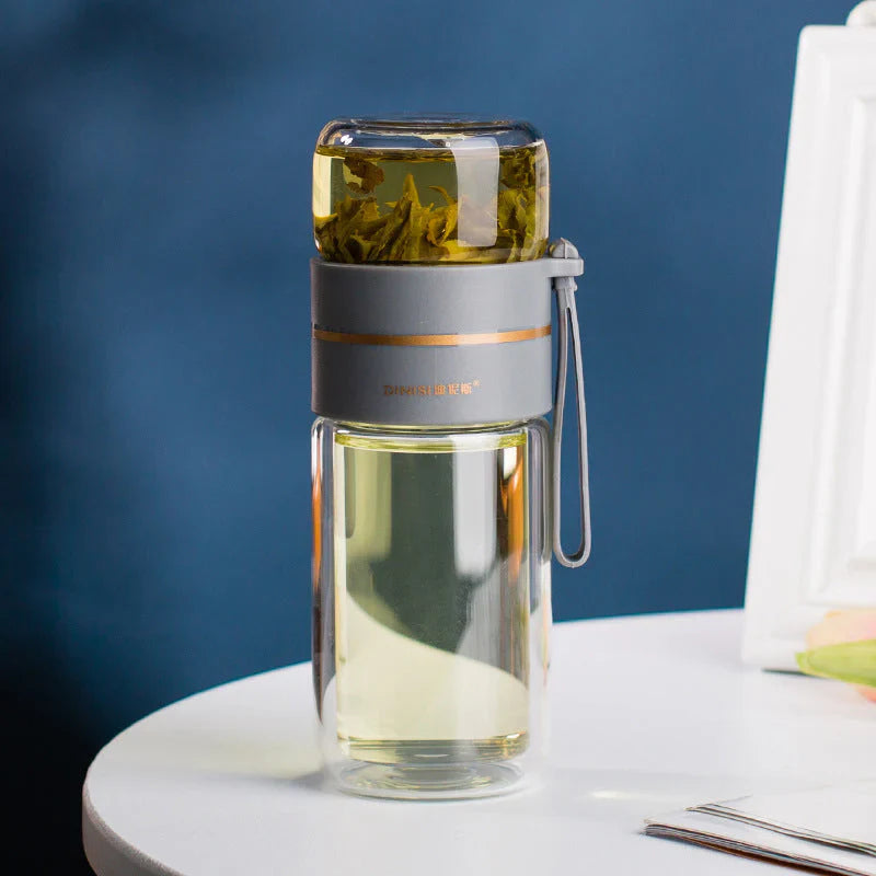 Doppelwandige Glasflasche mit Teesieb und Infuser