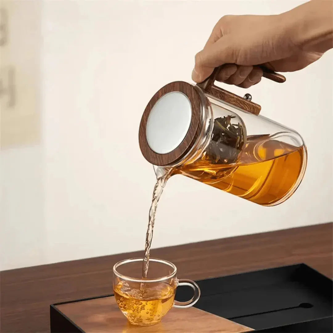 Elegante Teekanne aus Glas mit Holzgriff – Transparente Teekanne für Teegenuss