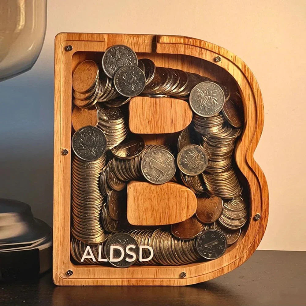 Holz Alphabet Sparschwein mit Transparentem Sichtfenster für Stilvolles Sparen