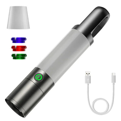 LED-Taschenlampe mit Mehrfarbfiltern – Wiederaufladbare USB-C Lampe mit Camping- & Notlicht-Funktion