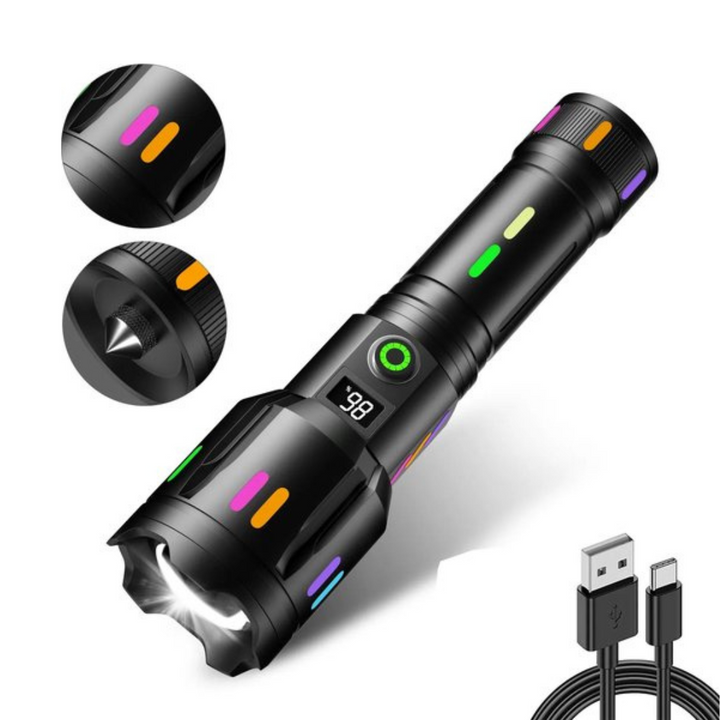LED-Taschenlampe Mit Power-Display – Wiederaufladbare Hochleistungs-Taschenlampe Mit Glasbrecher & USB-C