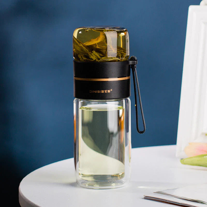 Doppelwandige Glasflasche mit Teesieb und Infuser