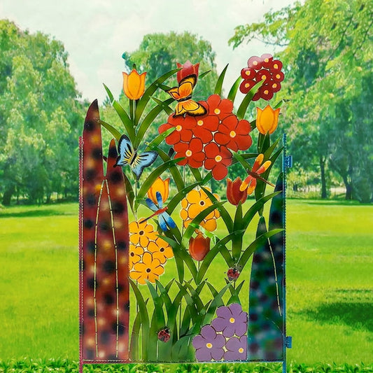 Bunte Gartenzaun Dekoration mit Blumen und Schmetterlingen – Metallzaun für Garten und Terrasse