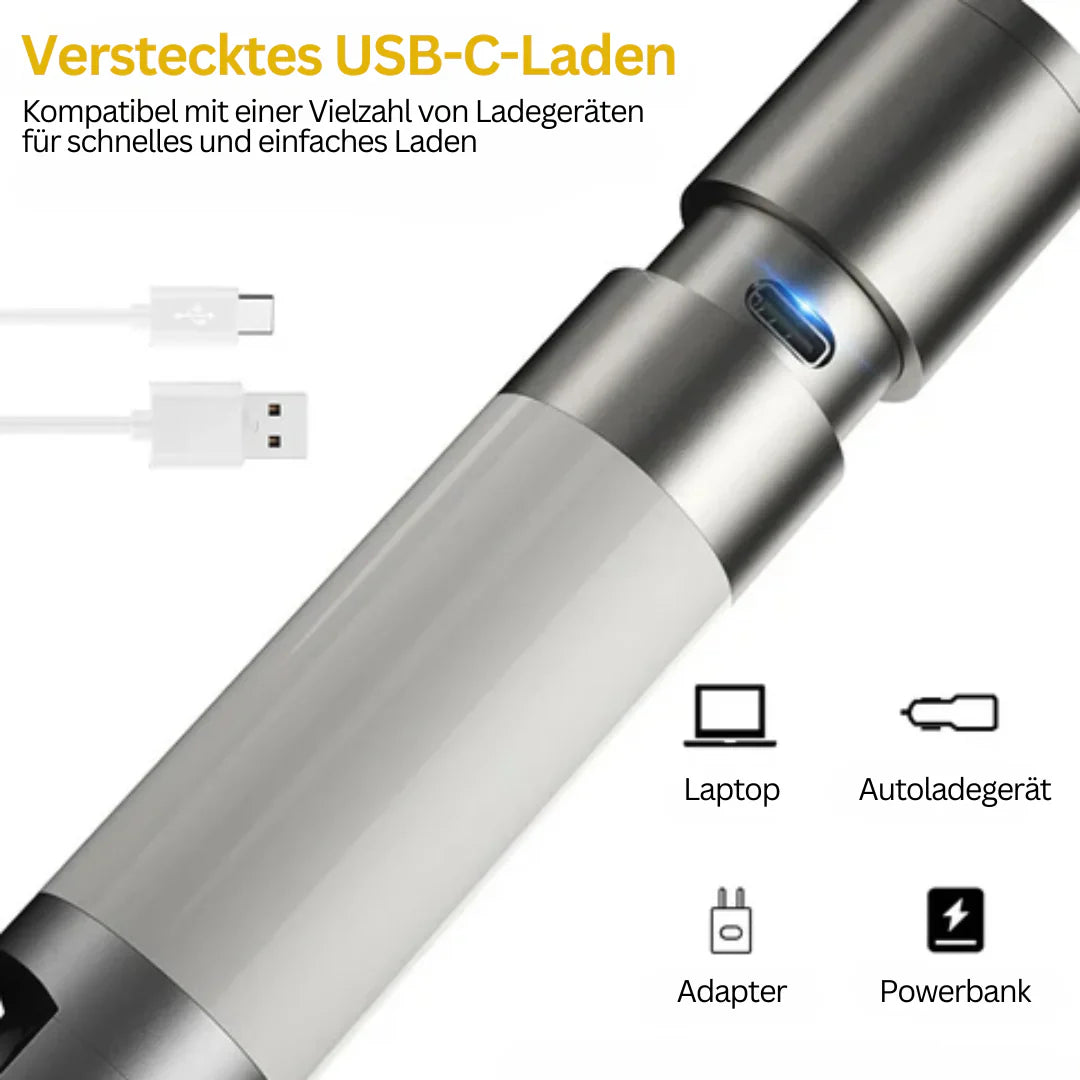 LED-Taschenlampe mit Mehrfarbfiltern – Wiederaufladbare USB-C Lampe mit Camping- & Notlicht-Funktion