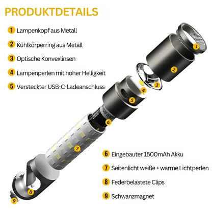 LED-Taschenlampe mit Mehrfarbfiltern – Wiederaufladbare USB-C Lampe mit Camping- & Notlicht-Funktion