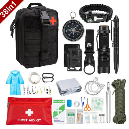 38-in-1 Erste-Hilfe- und Survival-Kit mit Taschenlampe und Kompass