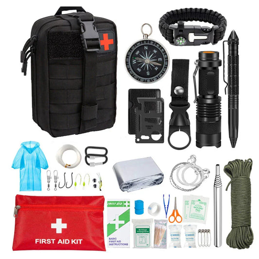 38-in-1 Erste-Hilfe- und Survival-Kit mit Taschenlampe und Kompass