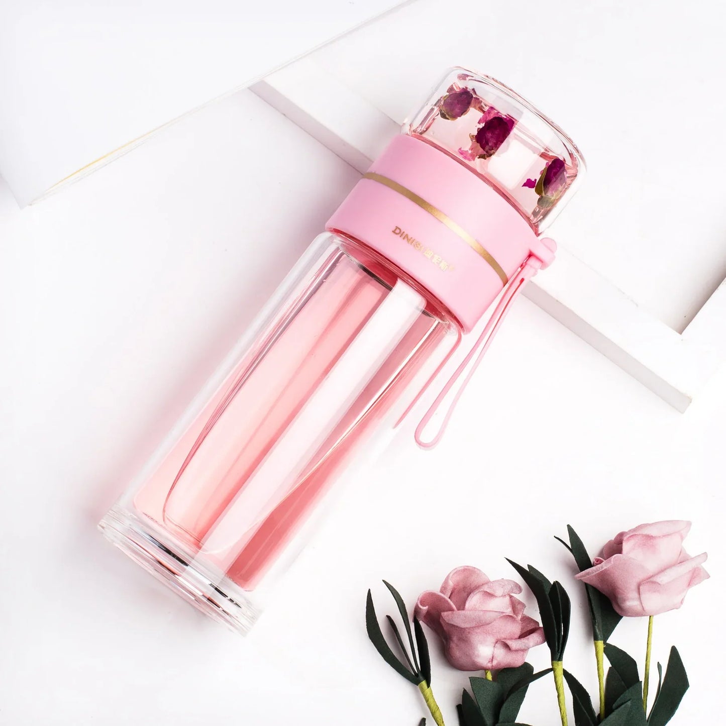Doppelwandige Glasflasche mit Teesieb und Infuser