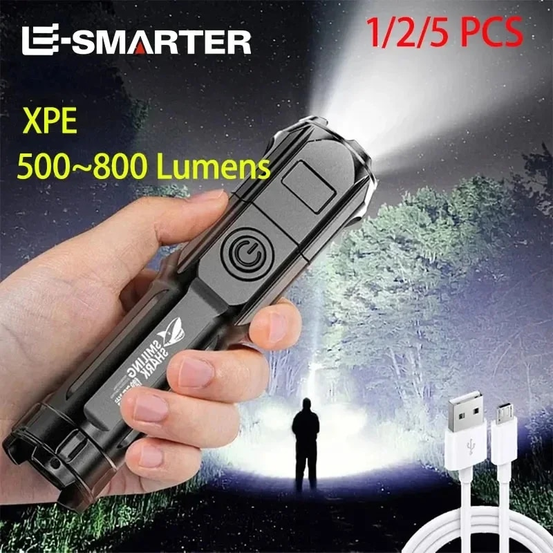 Leistungsstarke LED Taschenlampe mit Zoom Wiederaufladbare USB Campinglampe